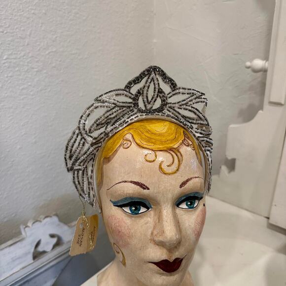 Vintage Beaded Tiara Headband — Silver & Clear Seed Beads Rare - Picture 2 of 3